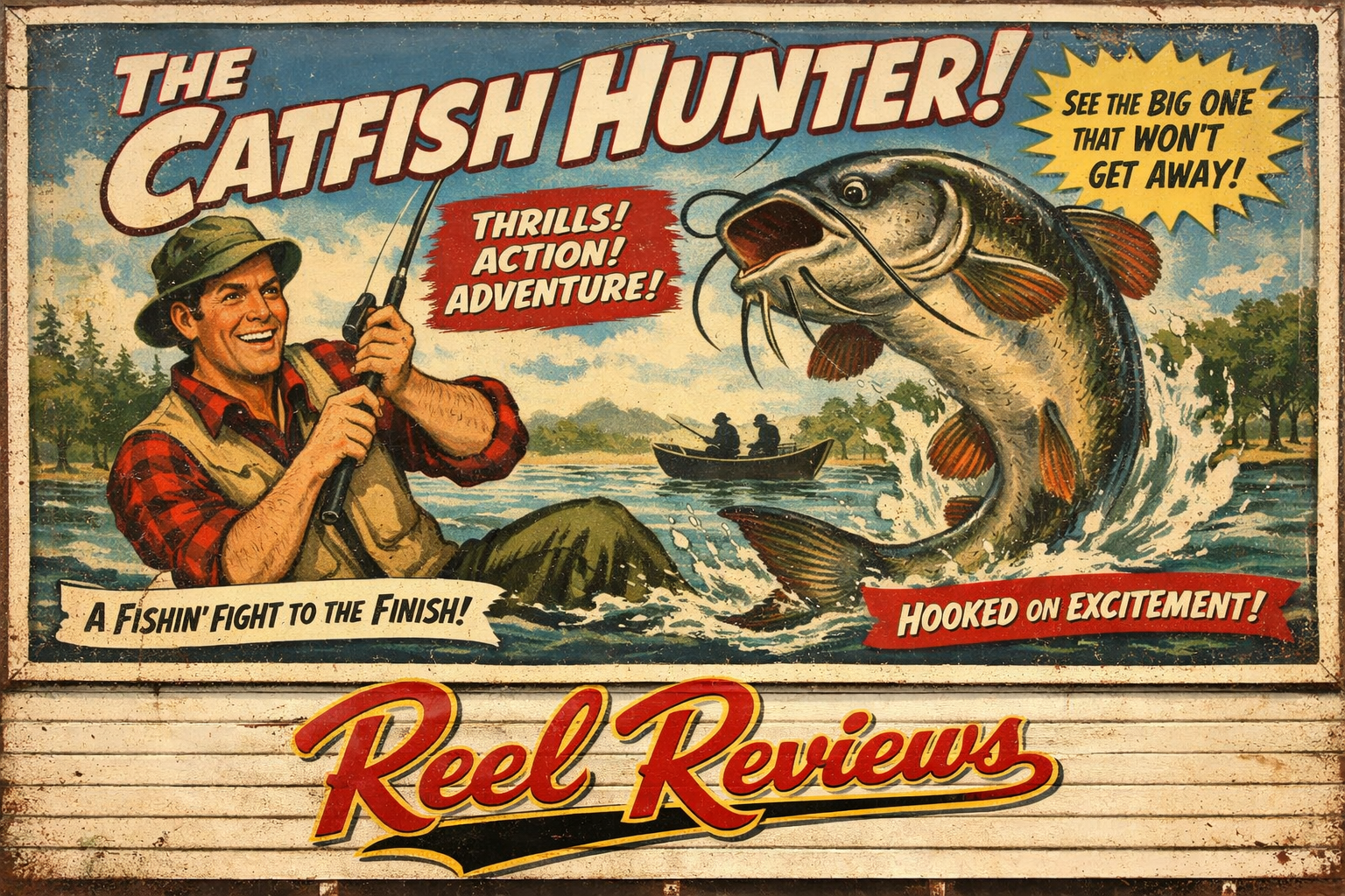Reel Reviews vintage fishing poster - a fisherman catching a restaurant